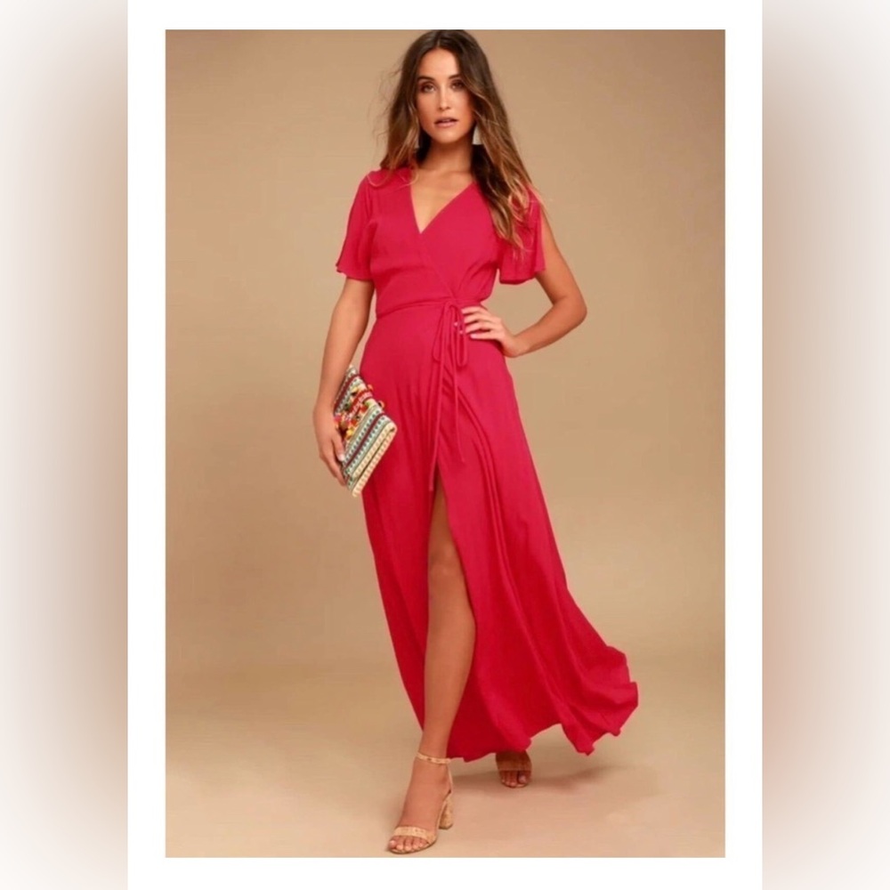 LuLu’s Womens Size Small Much Obliged Red Wrap Maxi‎ Flutter Sleeve Rayon Dress